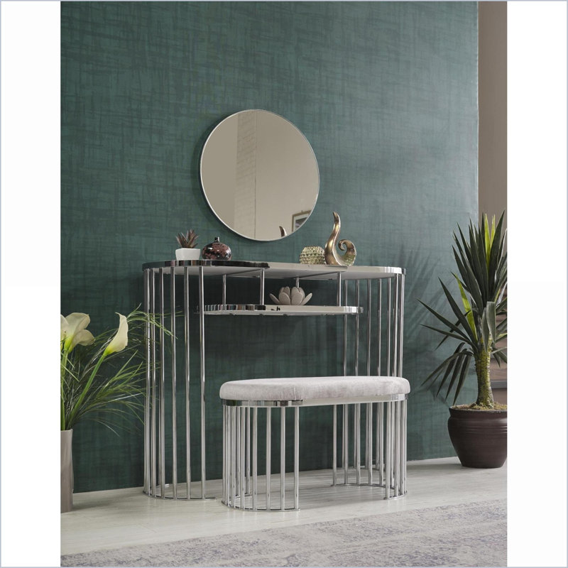 Ottoman, Modern Slate Gray Fabric Top with Chrome Legs – Entryway/Bedroom/Living Room | Chrome Silver | Metal Frame, Gray