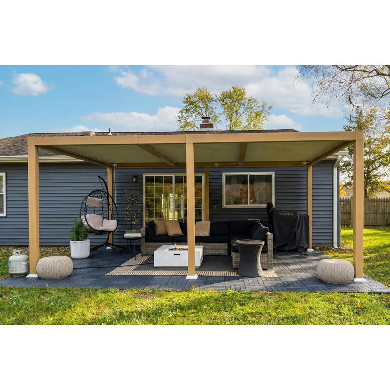 Pergola à persiennes en aluminium à grain de bois 11 po x 21 pi avec toit ajustable et patio rétractable à toit rigide pour la terrasse