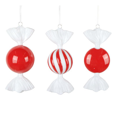 7" High-Gloss Candy Ornament Assortment. Includes an assortment of 3 ornaments per bag.