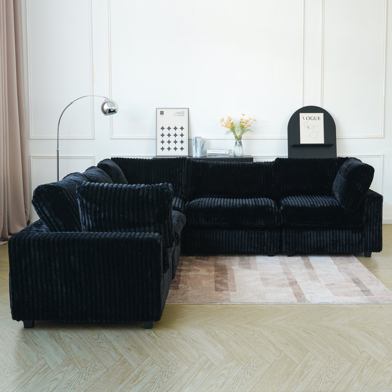 5 - Piece Upholstered Sectional, Black  Faux Fur