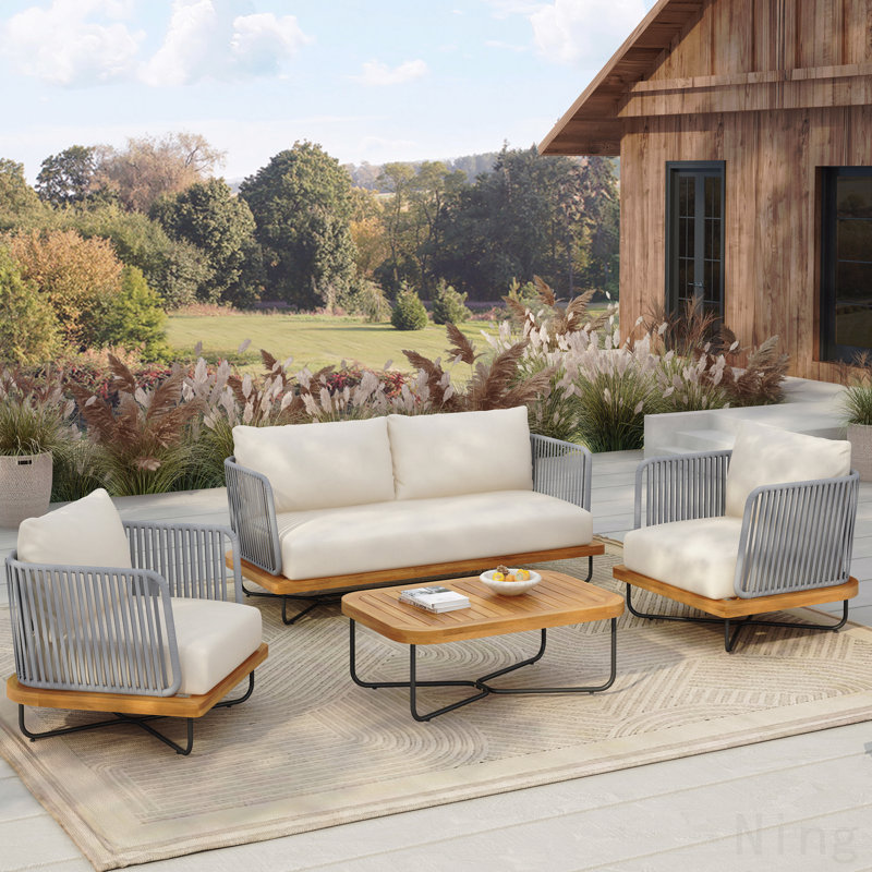Ensemble de conversation d'extérieur 4 pièces en bois d'acacia tissé et corde, beige, Beige
