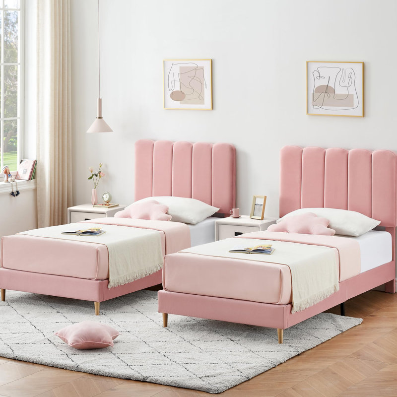 Twin Size Bed Frame, Velvet Upholstered Platform Bed with Wave Headboard for Girls/Kids, No Box Spring Needed, Pink