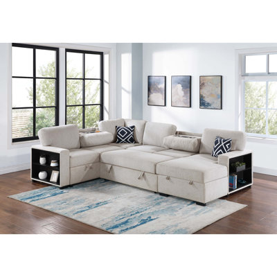 Canapé-lit modulaire moderne en tissu beige 4 pièces avec table pliante