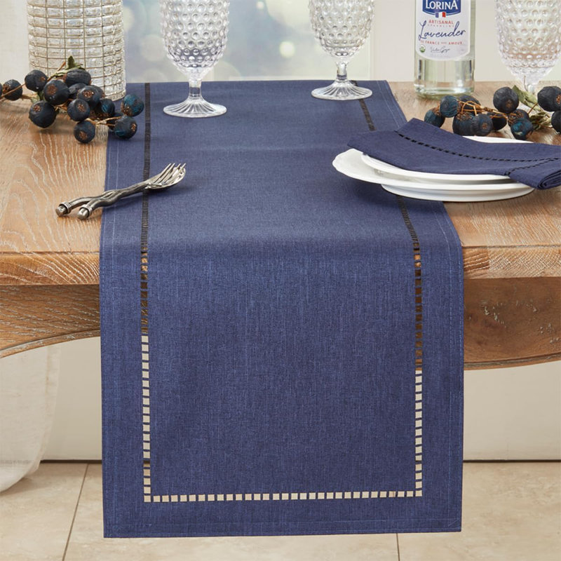 Laser-Cut Hemstitch Design Solid Color Table Runner 14" W, 90" L x 14" W, Navy Blue