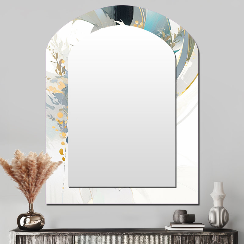 Turquoise and Gold Mosaic Echoes II - Cubism Arch Mirror, Turquoise Asymmetrical Unique Wall Mirror, Printed Metal Art