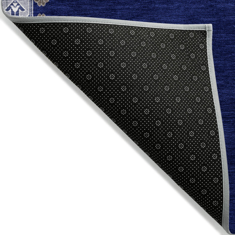 Washable Rectangular White and Navy Medallion Synthetic Rug
