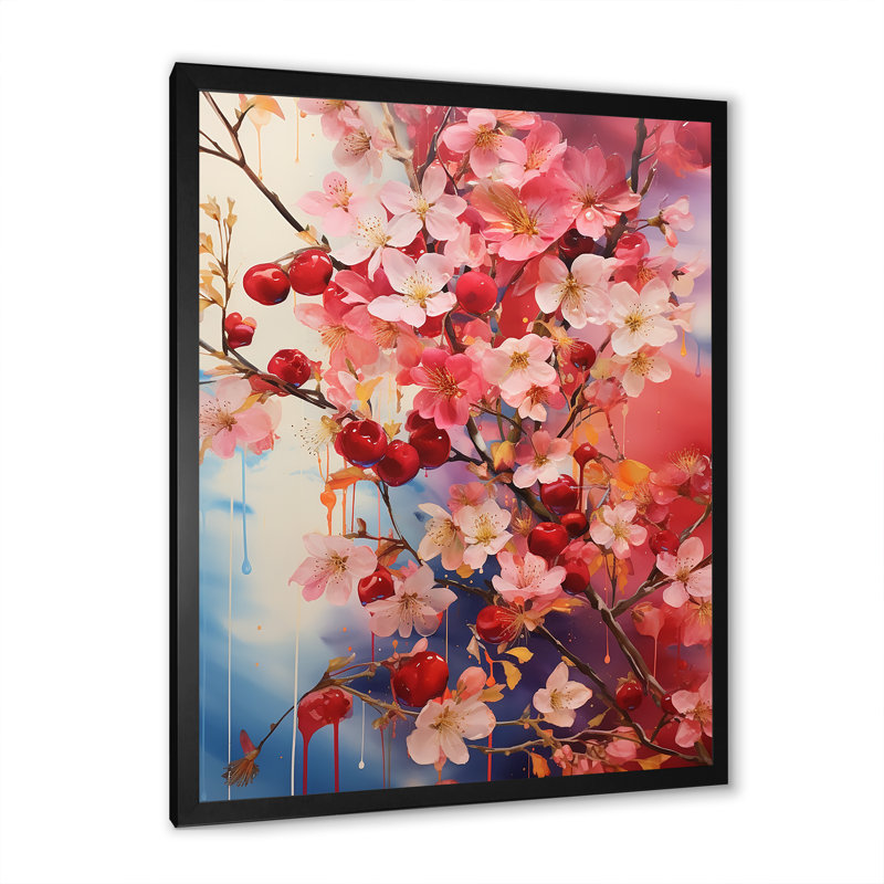 Été rose cerisier en fleurs II - Art mural cerisier en fleurs, Cadre simple noir, H 20 po x l 12 po x P 1 po