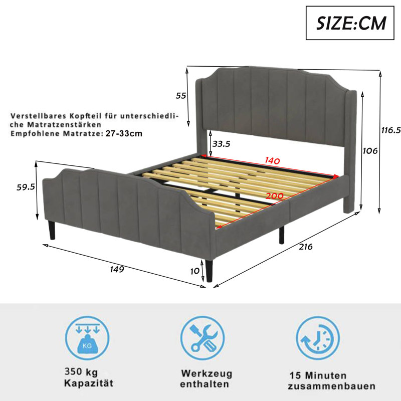 Bogley Upholstered Bed, European Double (140 x 200cm), Grey