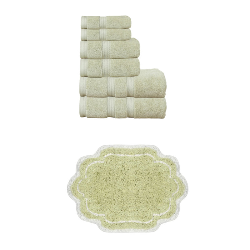 Talbert Collection 100% Soft Cotton Bath Towel Set & 17x24" Bath Rug, 7 Piece Towel Set, Green