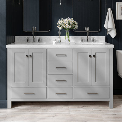 Cambridge 61'' Solid Wood Double Bathroom Vanity in Grey, with 1.5'' Carrara Marble Top, Center, Rectangle Sink