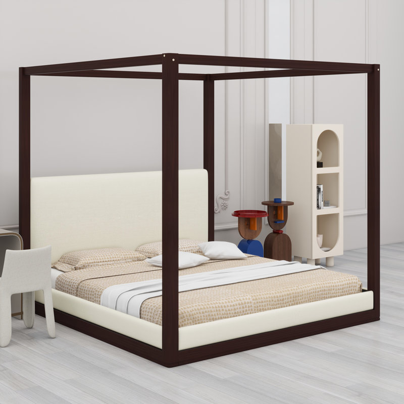 Lit plateforme moderne à baldaquin avec tête de lit rembourrée, Espresso