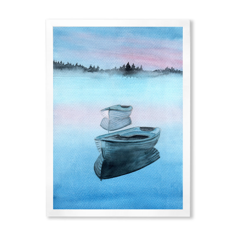 Deux bateaux de pêche sur un lac avec reflet dans l'eau - reproduction sur toile, H 20 po x l 12 po x P 1 po