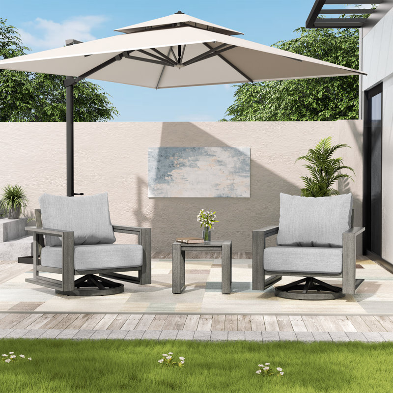 Ensemble de conversation d'extérieur en aluminium 3 pièces avec chaises pivotantes, coussins gris et table d'appoint Adden