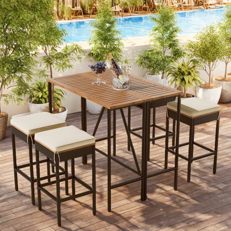 5-piece Outdoor Dining Table Sets Included 1 Foldable Table And Stools With Cushions, 4