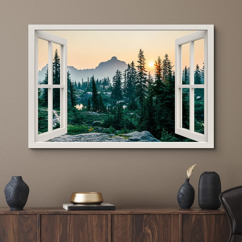 Fenêtre de paysage «Window View Midwest Mountain Range Pine Tree Forest Nature Scenic Landscape» sur toile, H 24 po x l 36 po