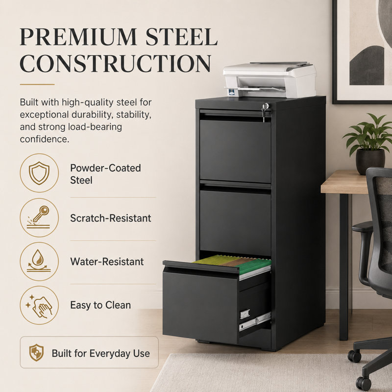 14.96" W 3 Drawer Metal Lateral Filing Cabinet with Lock for Home and Office, Black