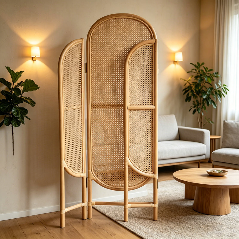 Cloison pliante arquée en rotin naturel, 3 panneaux