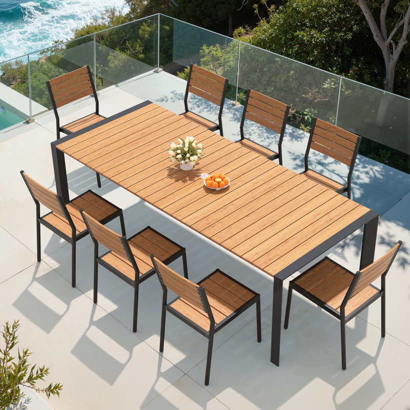 8 - Person 84'' W X 39'' D Rectangular Aluminum Dining Set with Stackable Chairs, Brown/Black