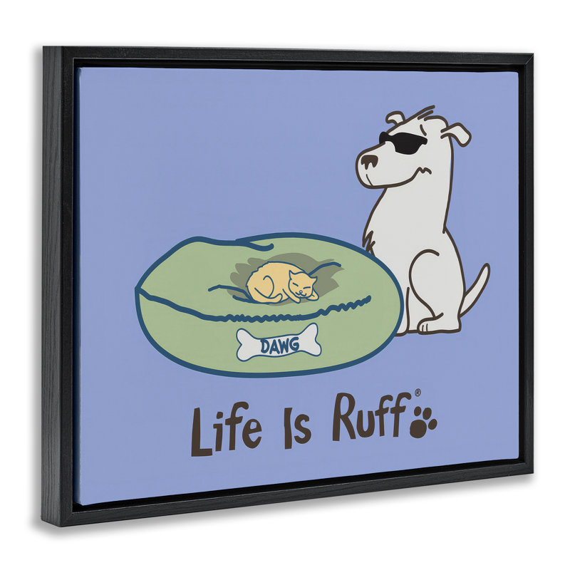  «Cat on Dog Bed», art mural encadré sur toile flottante par LIR, Cadre flottant noir de jais, H 17 po x l 21 po