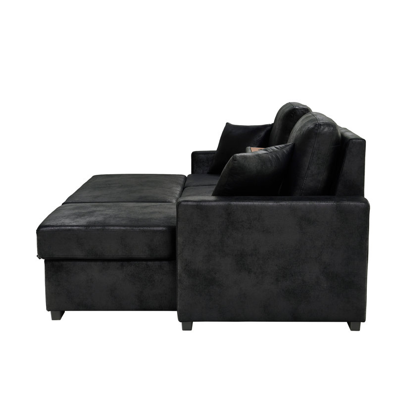 Canapé modulaire 94 po en similicuir avec lit escamotable et rangement pour chaise longue, Black Faux Leather, Black