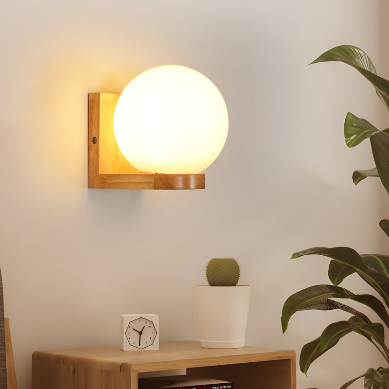 Minimalist 17cm Glass Globe Wooden Base Wall Light