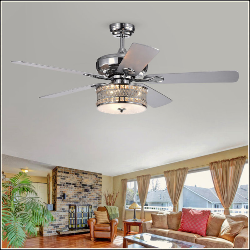 Ventilateur de plafond chromé à 5 pales de 52 pouces avec lampe tambour en cristal 3 lumières Davrin