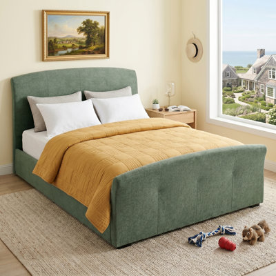 Classic Upholstered Sleigh Bed with Side Lift-Up Storage, Queen, Turtle Linen