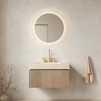 Meuble-lavabo flottant avec plateau en pierre frittée Roma Travertine et rangement à fermeture en douceur