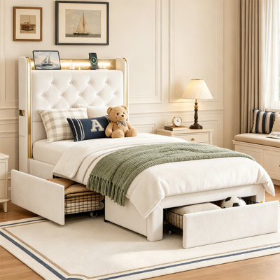 Grand cadre de lit simple de 49,2 po avec tiroirs de rangement, lit plateforme tapissier en velours avec tête de lit à oreilles, lumières à DEL et station de charge, aucun sommier nécessaire, silencieux, beige