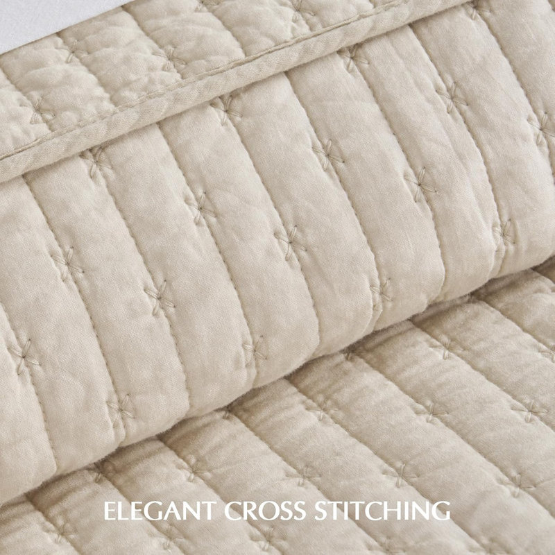 Cross Stitch Cotton Quilt set, Flax Beige, Oversized CalKing Quilt+2Oversized Cal King Shams