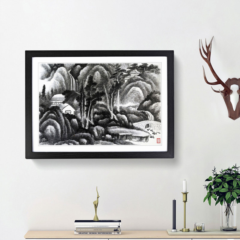Landscape Vol.8 by Gong Xian - Picture Frame Painting Print, 36cm H x 48cm W x 2cm D, Black Framed