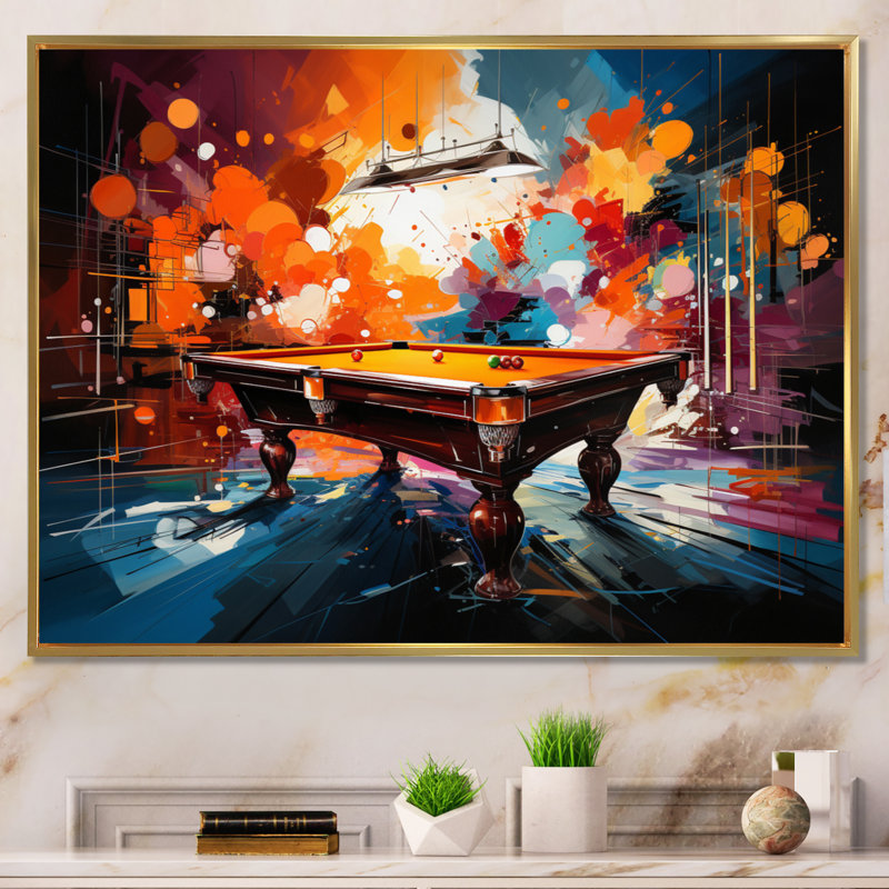 Billard Vibrant Break I - Billiards, art mural, Cadre flottant doré, H 12 po x l 20 po x P 1 po