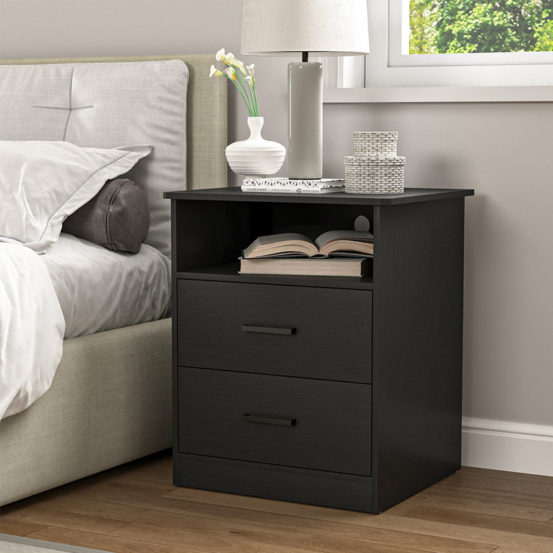 Table de chevet en bois avec 2 tiroirs, table de bout pour la chambre à coucher, Noir