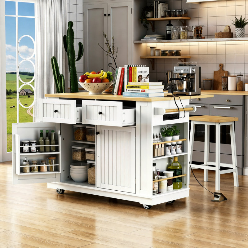 Ensemble d'îlot de cuisine 3 pièces 48,2 pouces avec 2 tabourets de bar, prise de courant, tablettes de rangement intégrées, plateau de table pliant, 5 roulettes, 5 tiroirs latéraux, blanc.