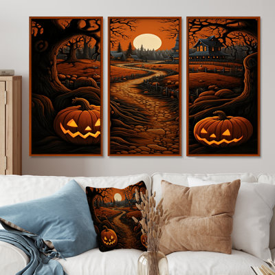 Halloween Pumpkin Country Road To Spooky Town - Abstract Landscape Wall Art Living Room Set