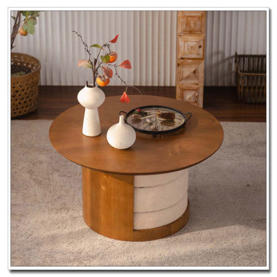 Table basse ronde en bois 31,5 "avec 3 tabourets gigognes en tissu Teddy, ensemble de table centrale multifonctionnel avec rangement caché Farmhouse