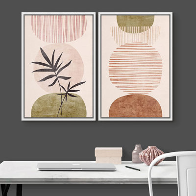 Mid Century Modern Boho " Mid-Century Geometric Circle Forest Plant " 2 - Pieces