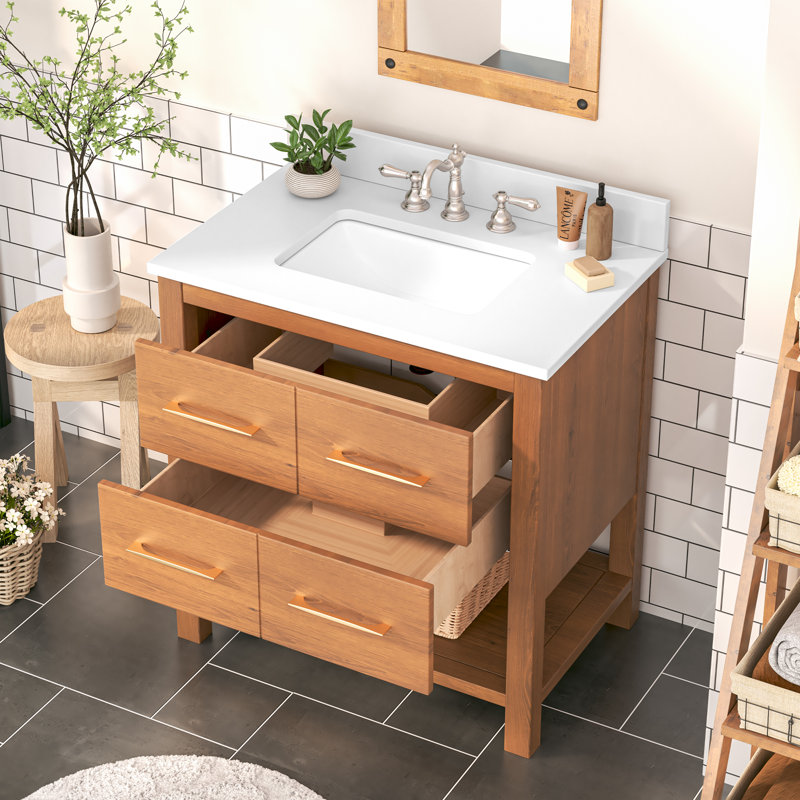 Fet 30" Single Bathroom Vanity With Solid Wood Frame And Ceramic Top, Bois naturel