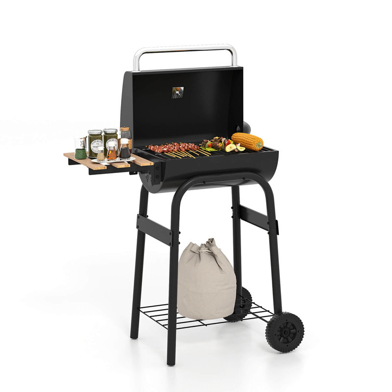 Gril au charbon Barrel avec table d'appoint pliable, thermomètre intégré et tablette de rangement