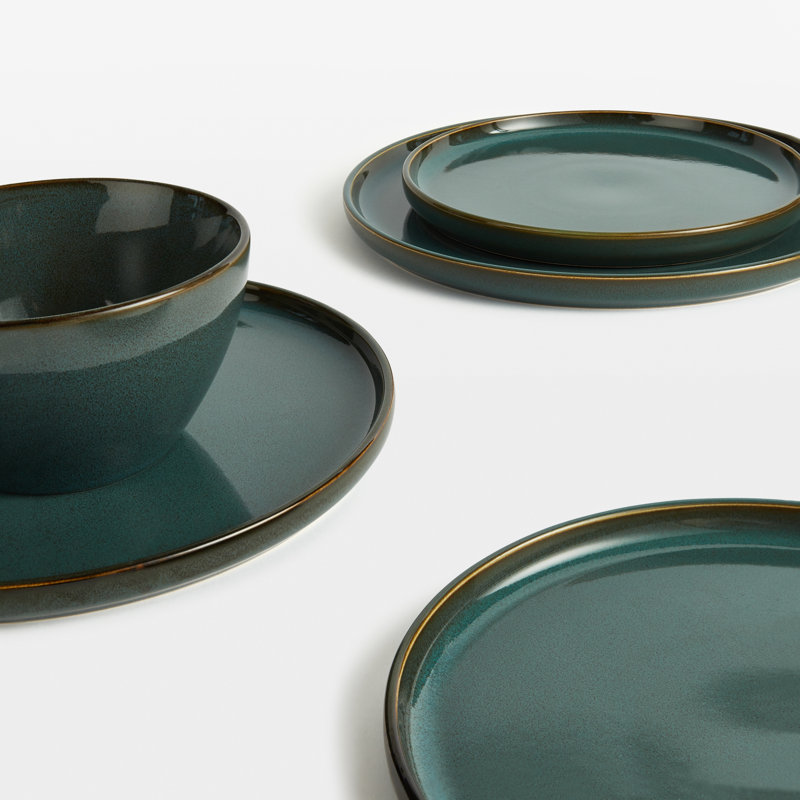Waterside 12pc Reactive Glaze White Dinner Set, Green
