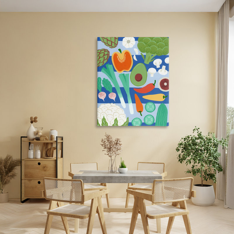 Légumes de cuisine sur toile rayée, design par Courtney Haley, H 40 po x l 30 po