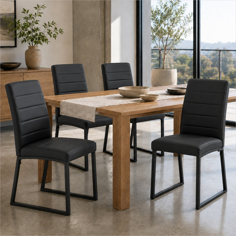Ensemble de 4 chaises d'appoint en similicuir noir avec cadre en fer pour la salle à manger ou le bureau, Noir