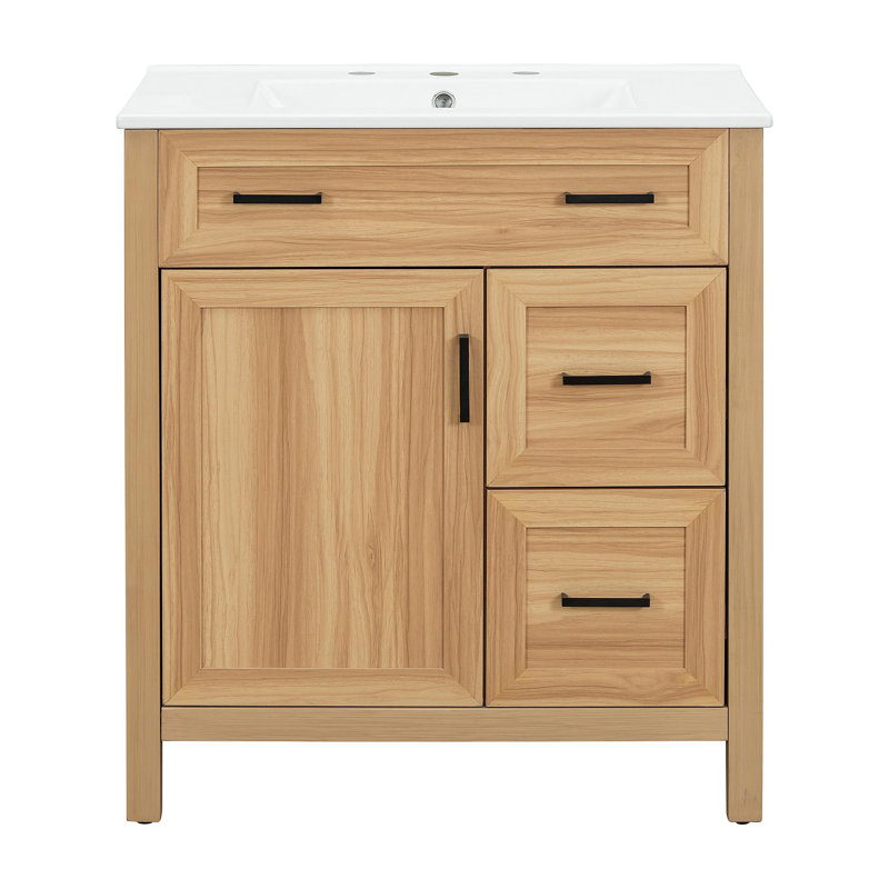 Meuble-lavabo de 30 po en bois avec cadre en bois massif, 1 porte à fermeture douce, 2 tiroirs à fermeture douce, tablette réglable, armoire de rangement moderne