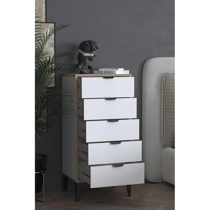 Commode blanche moderne, panneau de particules recouvert de mélamine à 100%, 19,7 po x 41,3 po x 15,7 po | Design scandinave avec poignée en métal | Solution de rangement durable et élégante pour la chambre à coucher ou le salon