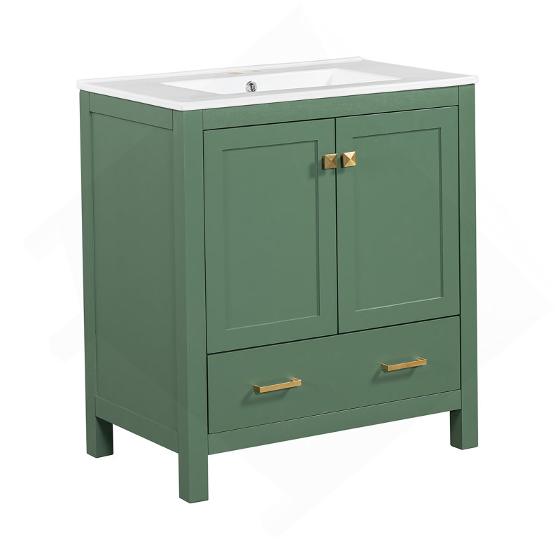 Meuble-lavabo vert 30 po avec lavabo simple, meuble-lavabo sous le comptoir, armoire de rangement pour la salle de bain avec 2 portes et un tiroir, fermeture en douceur, rangement multifonctionnel, structure en bois massif