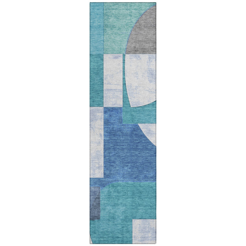 Machine Washable Indoor/Outdoor Cinead ACN1692 Teal Rug, Runner 2'3" x 7'6"