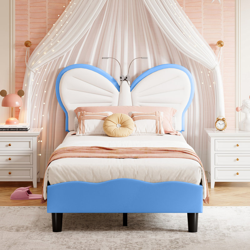 Single Children’S Bed Frame With LED Reading Lighting, Girls Bed Upholstered Platform Bed Frame With Butterfly-Shaped Adjustable Height Headboard, Easy Assembly, Blue(90×200Cm)