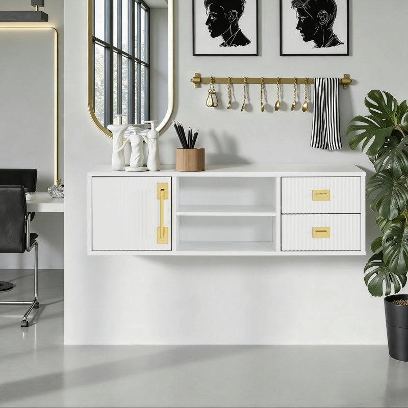 Wall Mount Makeup Vanity with Storage Cabinet, Open Shelves & 2 Drawers, White