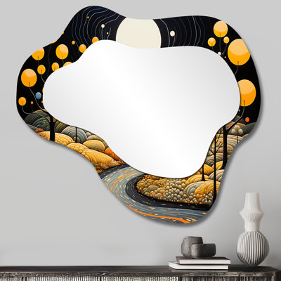 Victorene, arbres jaunes, pleine lune, route de campagne - paysage nuage, miroir mural décoratif asymétrique jaune, impression d'art en métal
