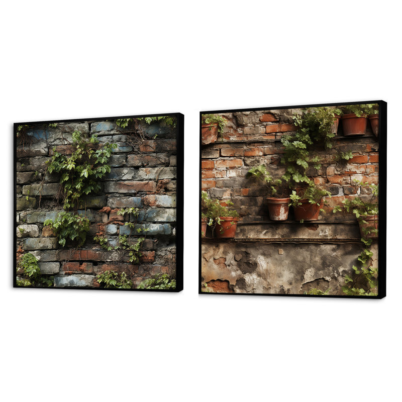 Urban Oasis - Ensemble de 2 collages carrés abstraits, Cadre flottant noir, H 30 po x l 61 po